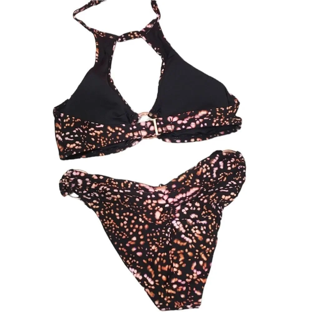 NWT VS RING TIE DYE SPOT HALTER PADDED BIKINI TOP &‎ BOTTOM SWIMSUIT SET SMALL